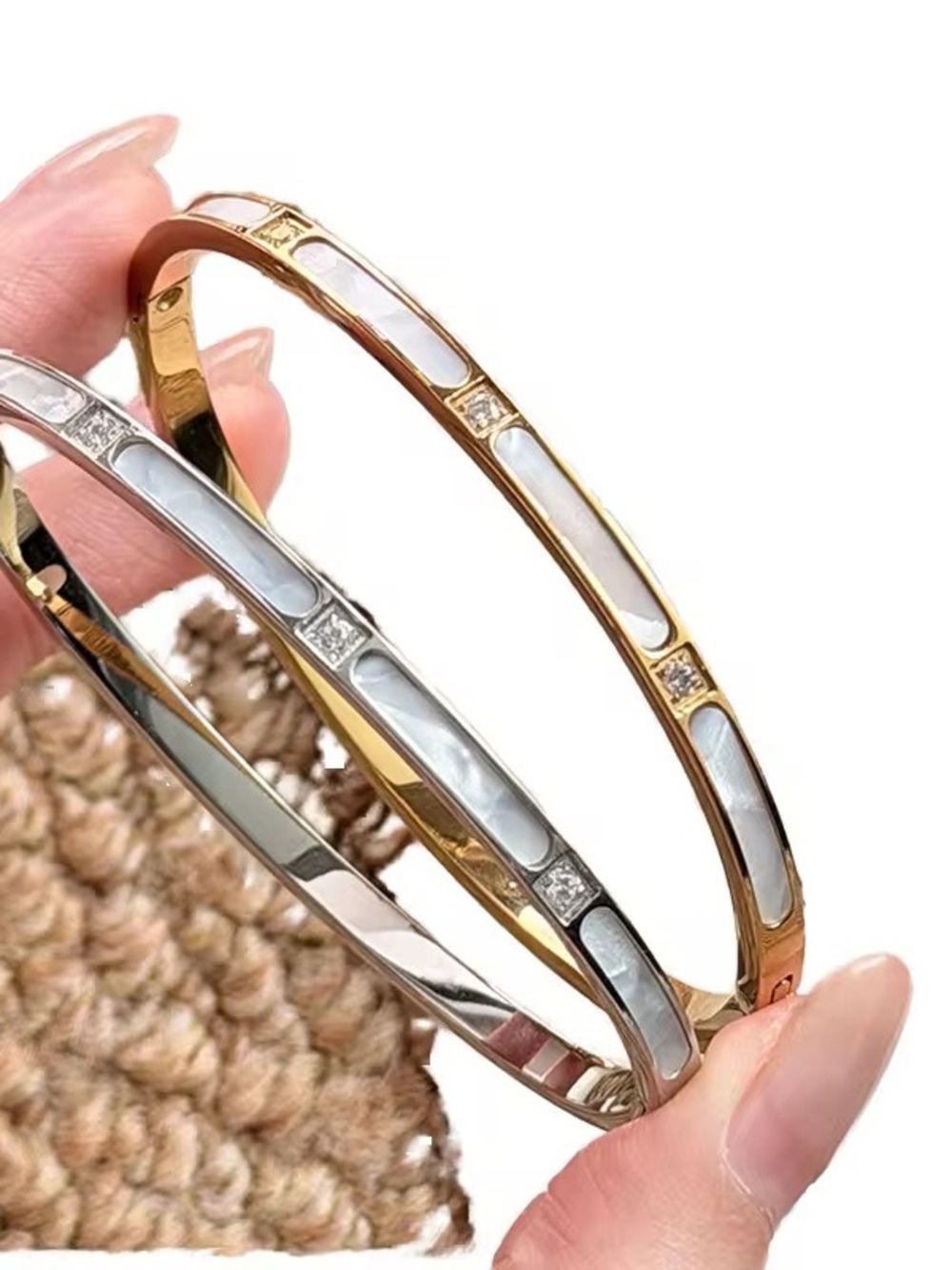Mother-of-Pearl Inlay Bangle Bracelet — Gold & Silver Set